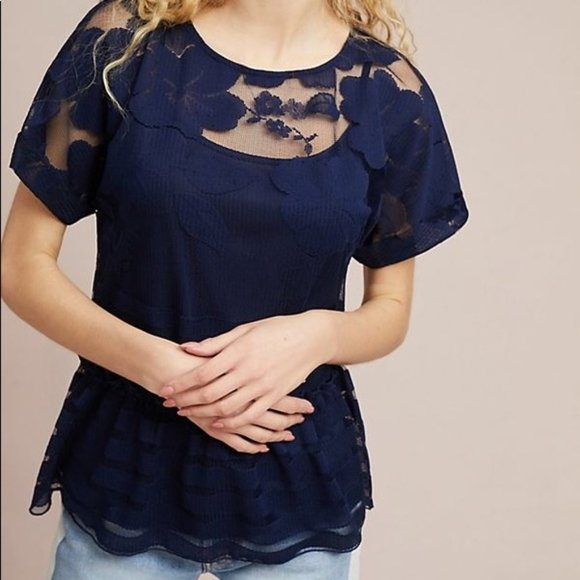 Eva Franco Anthropologie Blue Mesh Floral Peplum Top - Picture 2 of 6